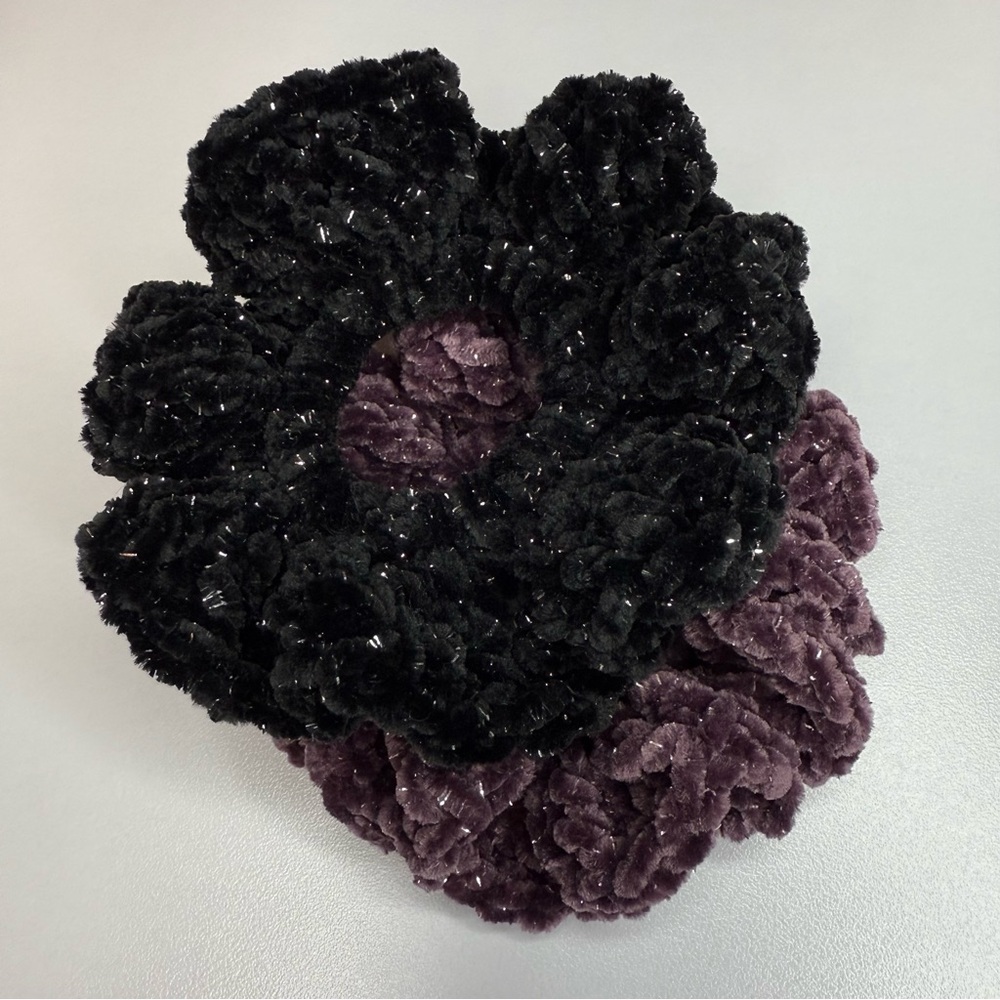 Velvet Plush Glitter Crochet Scrunchie - Set of 2 Handmade Deep Purple and Black